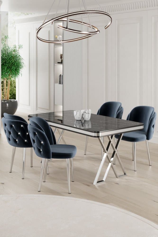 Dining Table & Chairs Set (5 Pieces) Rigel - Black Marble, Chrome, Anthracite 1
