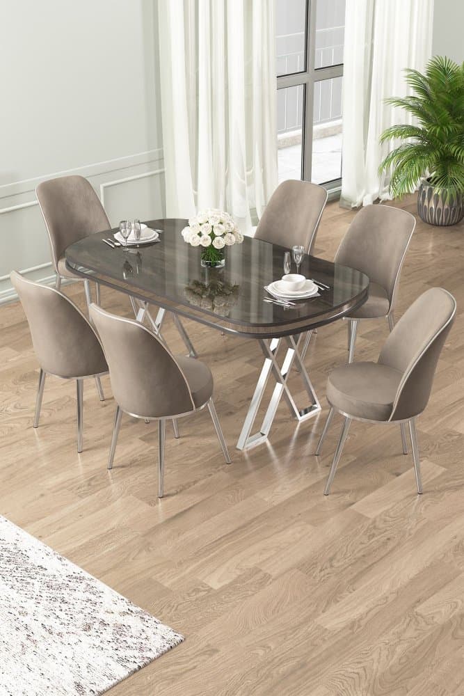 Dining Table & Chairs Set (7 Pieces) Lai - Anthracite, Chrome, Cappuccino 1