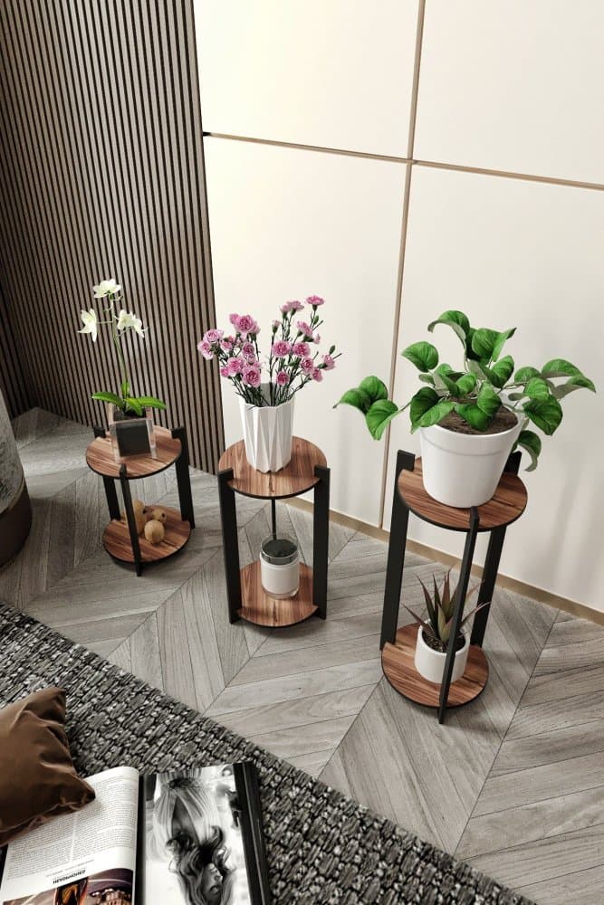 Wooden Plant Stand Flower Desk Round - Walnut
