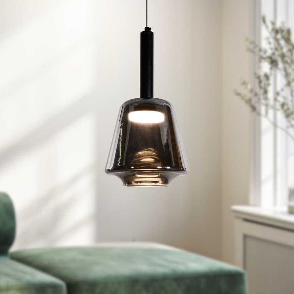 Lampa wisząca Bueno szklana czarna z kloszem dymionym do salonu