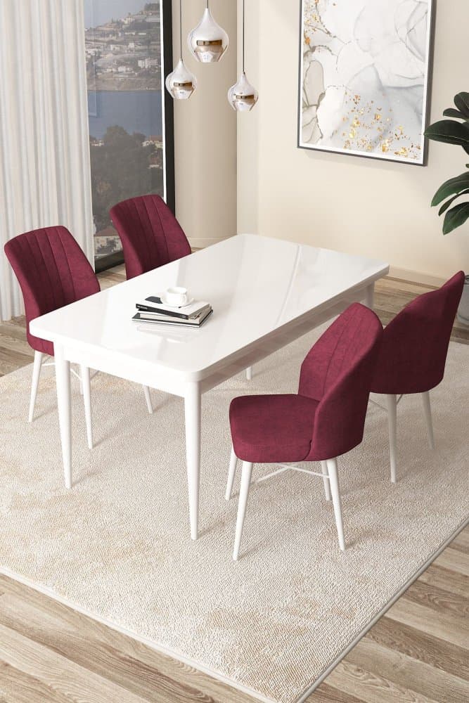 Dining Table & Chairs Set (5 Pieces) Arp - White, Burgundy 1
