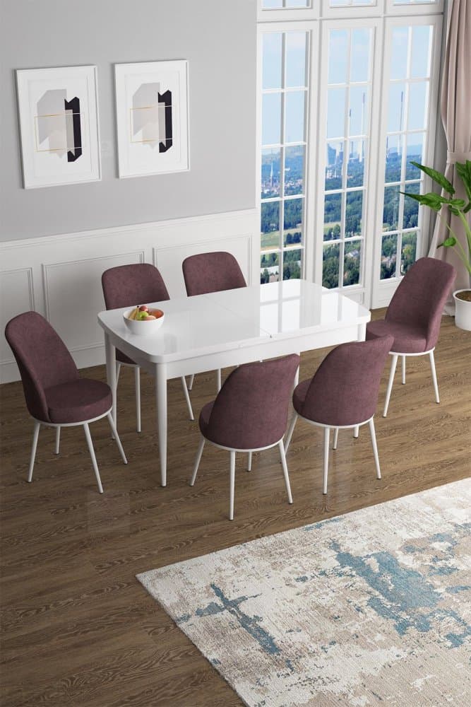 Extendable Dining Table & Chairs Set (7 Pieces) Han - White, Dusty Rose 1