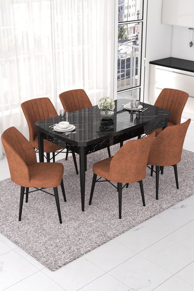 Extendable Dining Table & Chairs Set (7 Pieces) Nef - Black Marble, Tile Red 1