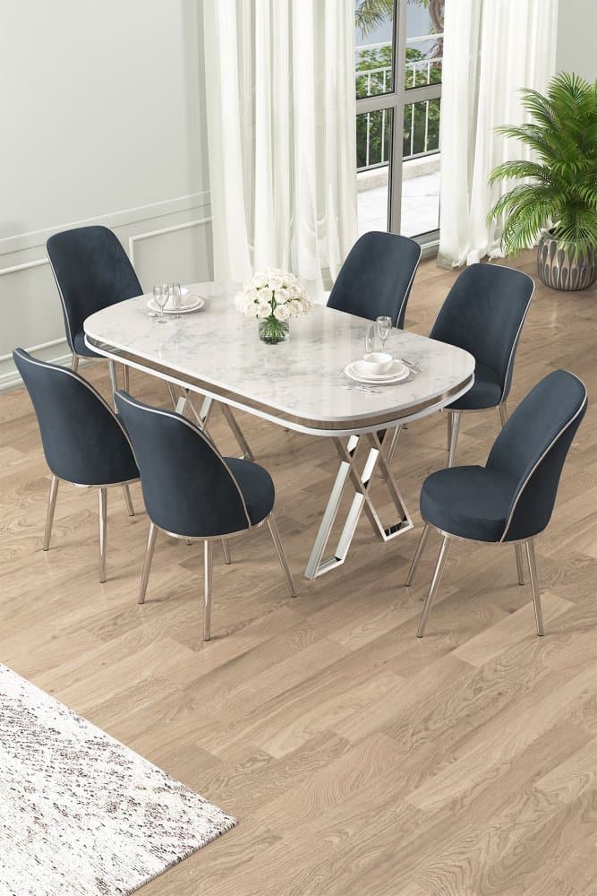 Dining Table & Chairs Set (7 Pieces) Lai - White, Chrome, Anthracite 1