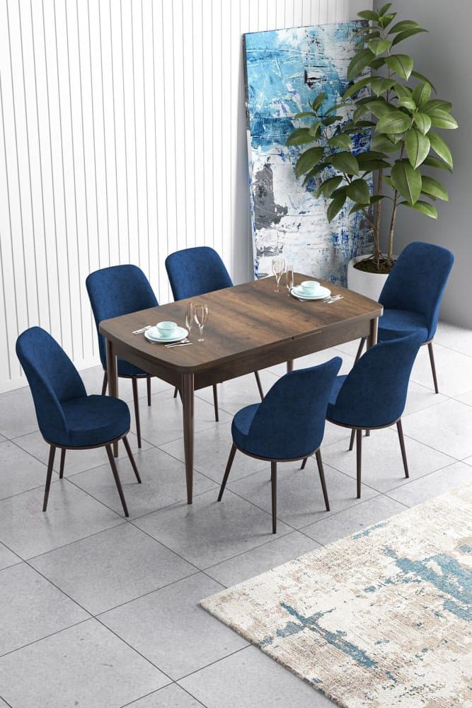 Extendable Dining Table & Chairs Set (7 Pieces) Han - Baroque, Navy Blue 1