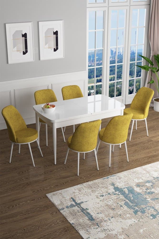 Extendable Dining Table & Chairs Set (7 Pieces) Han - White, Mustard 1
