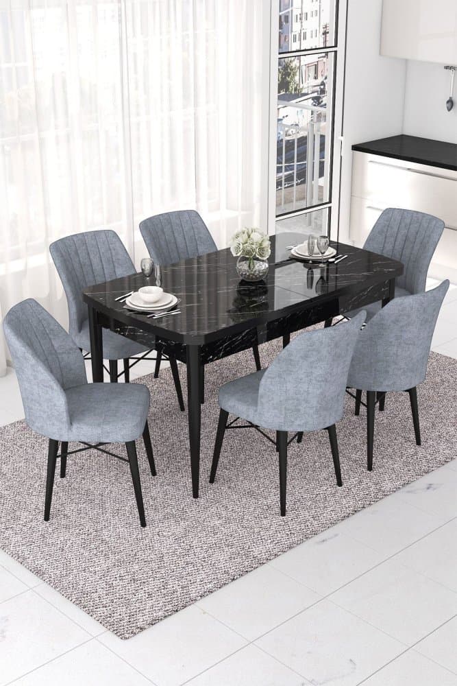 Extendable Dining Table & Chairs Set (7 Pieces) Nef - Black Marble, Grey 1