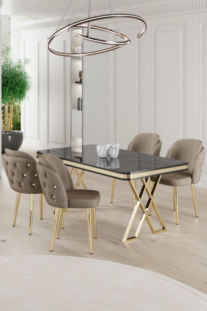Dining Table & Chairs Set (5 Pieces) Rigel - Black Marble, Gold, Cappuccino 1