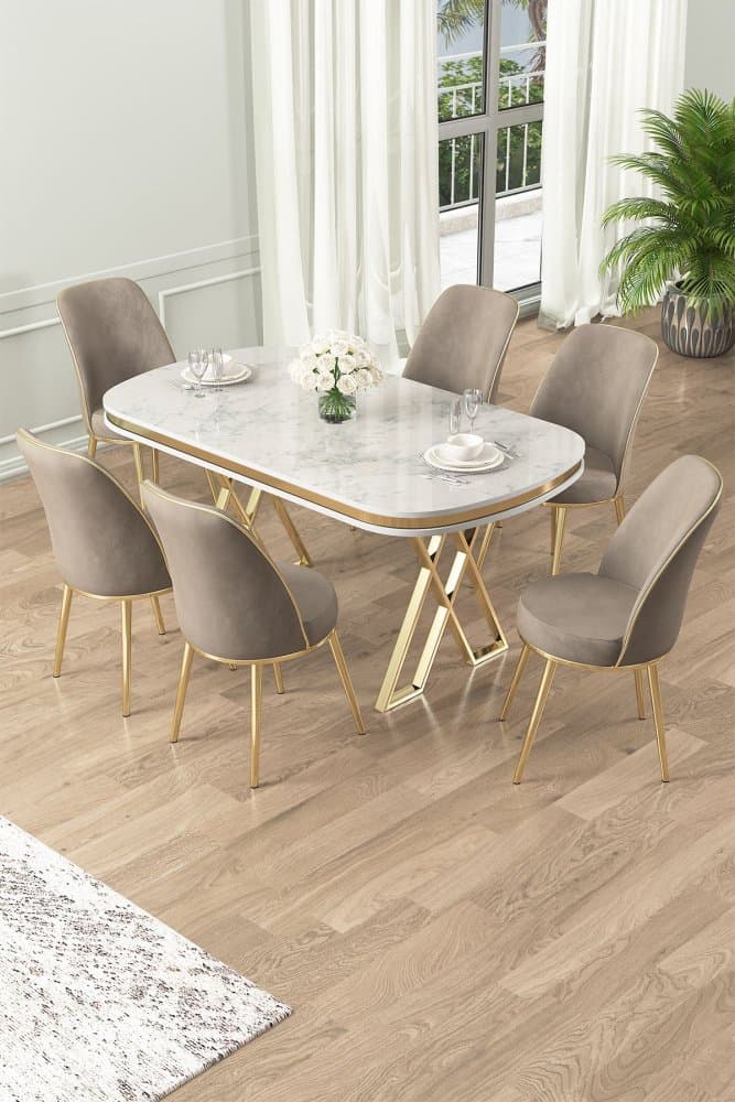 Dining Table & Chairs Set (7 Pieces) Lai - White, Gold, Cappuccino 1