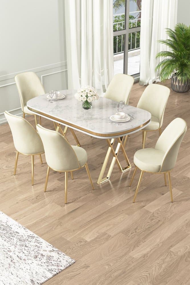 Dining Table & Chairs Set (7 Pieces) Lai - White, Gold, Cream 1