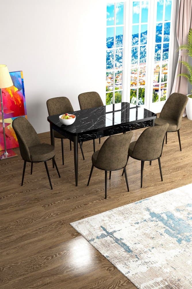 Extendable Dining Table & Chairs Set (7 Pieces) Han - Black Marble, Brown 1