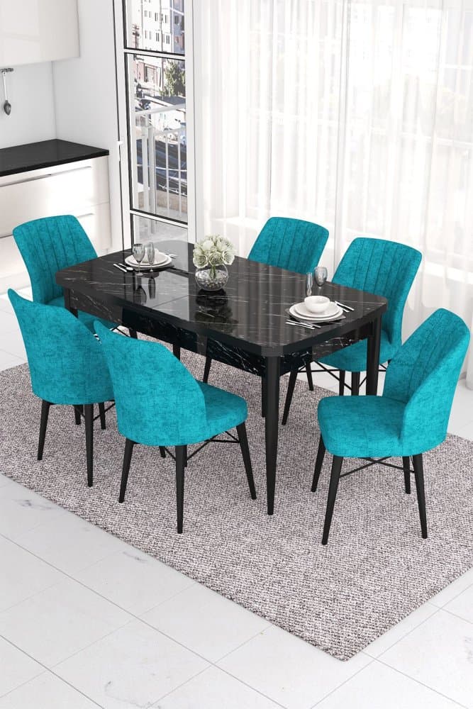 Extendable Dining Table & Chairs Set (7 Pieces) Eva - Black Marble, Turquoise 1