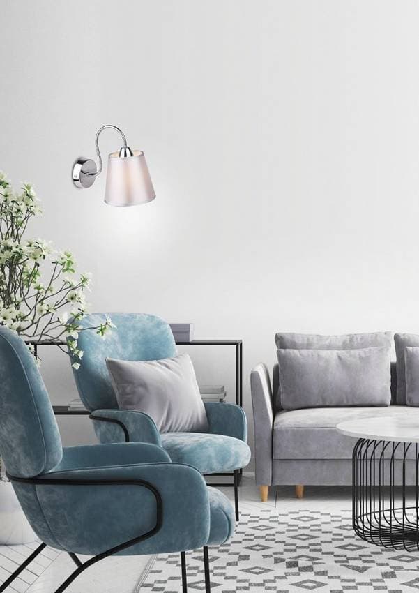 Okrúhla chrómová nástenná lampa so sivým látkovým tienidlom Luk 1