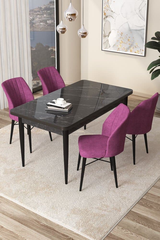 Dining Table & Chairs Set (5 Pieces) Arp - Black Marble, Purple 1