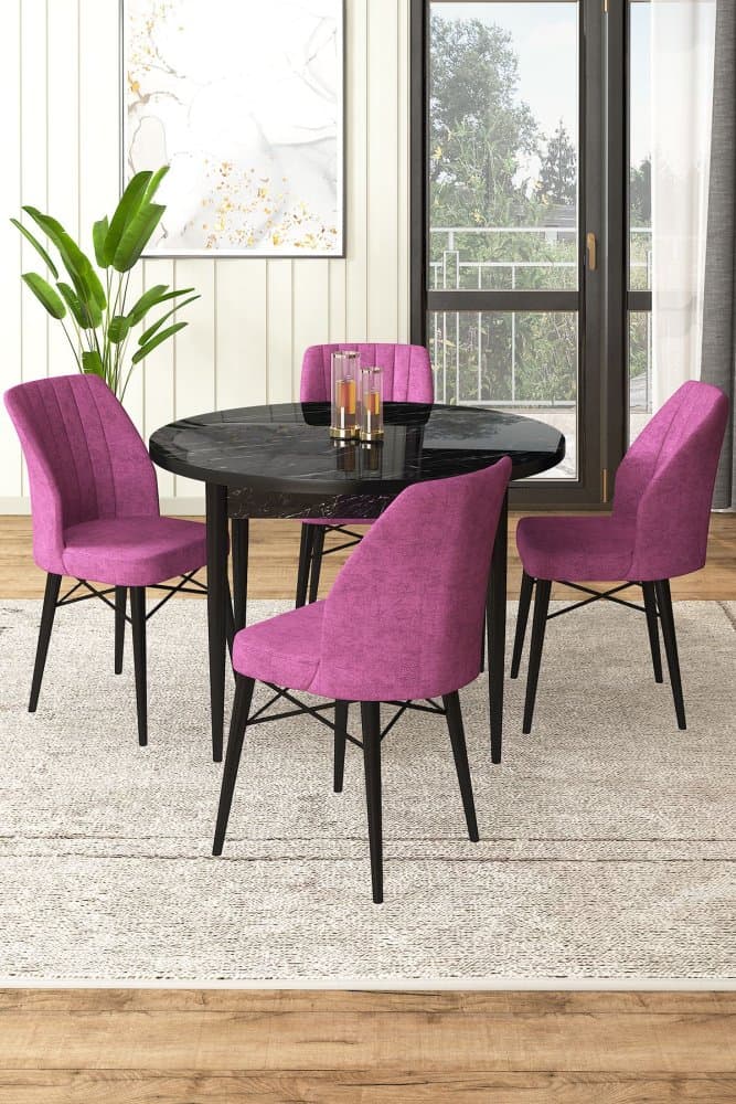 Dining Table & Chairs Set (5 Pieces) Rox - Black Marble, Purple 1