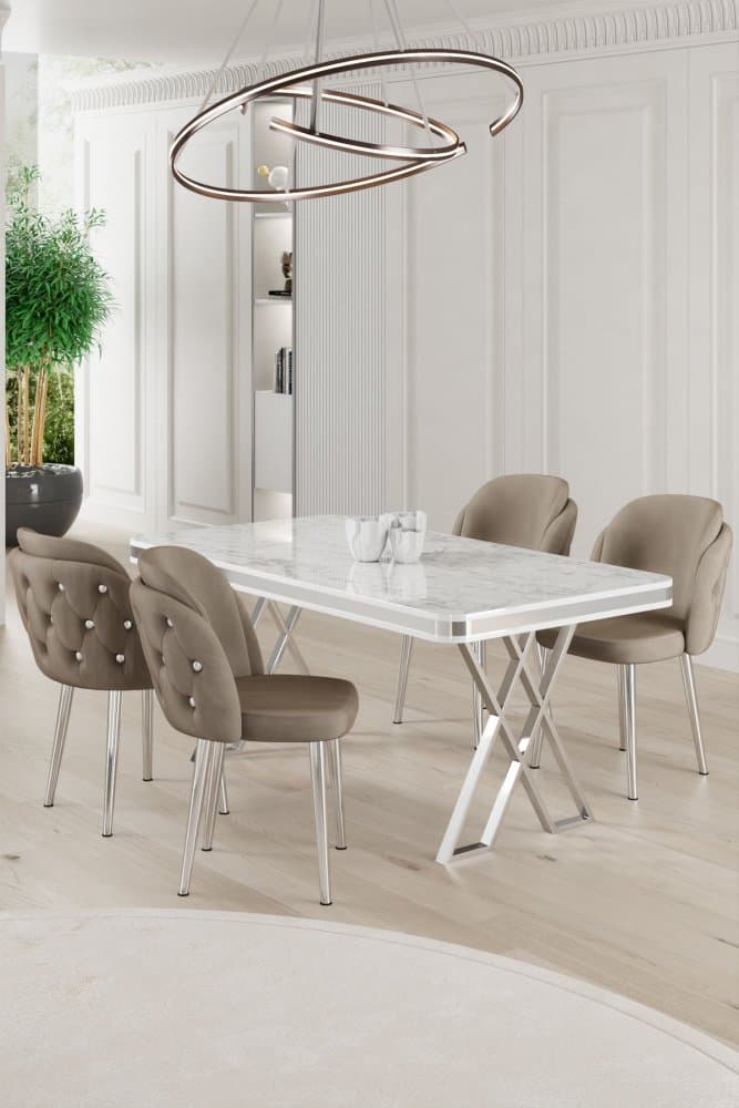 Dining Table & Chairs Set (5 Pieces) Rigel - White, Chrome, Cappuccino 1