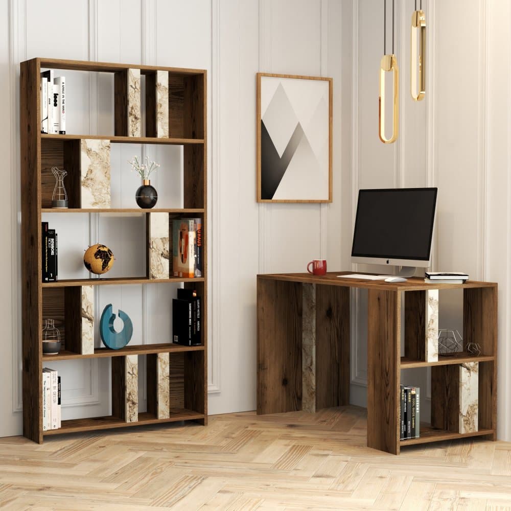 Písací stôl s knižnicou Lima - Walnut, White Marble