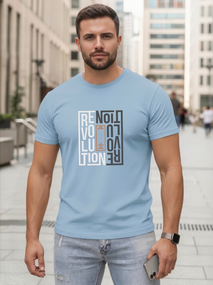 Pánske bledomodré bavlnené tričko s potlačou revolution Dstreet NX0143R