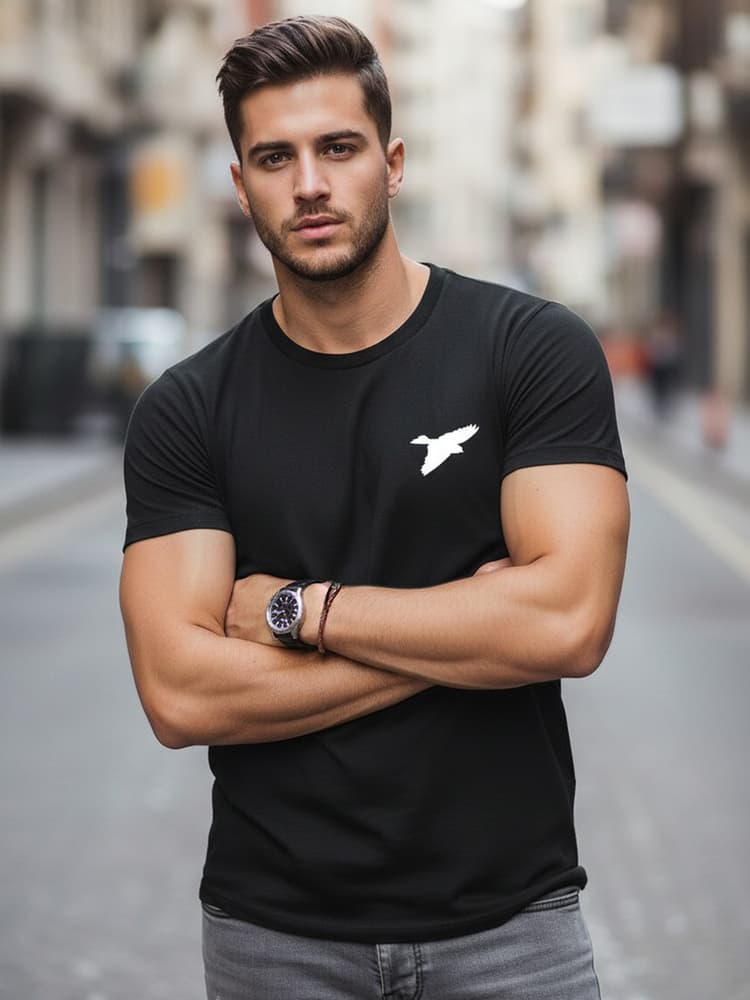 Pánske čierne bavlnené tričko s potlačou vtáka Dstreet NX0183R 1