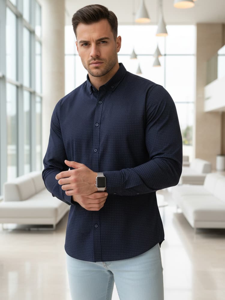 Pánska košeľa slim fit DX2692 – tmavomodrá košeľa so subtílnym mikrovzorom 1