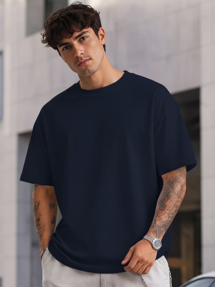 Pánske tmavomodré bavlnené oversize tričko basic RX5684