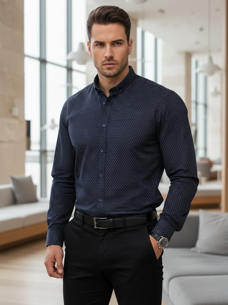 Pánska košeľa slim fit DX2689 – tmavomodrá košeľa s elegantným vzorom