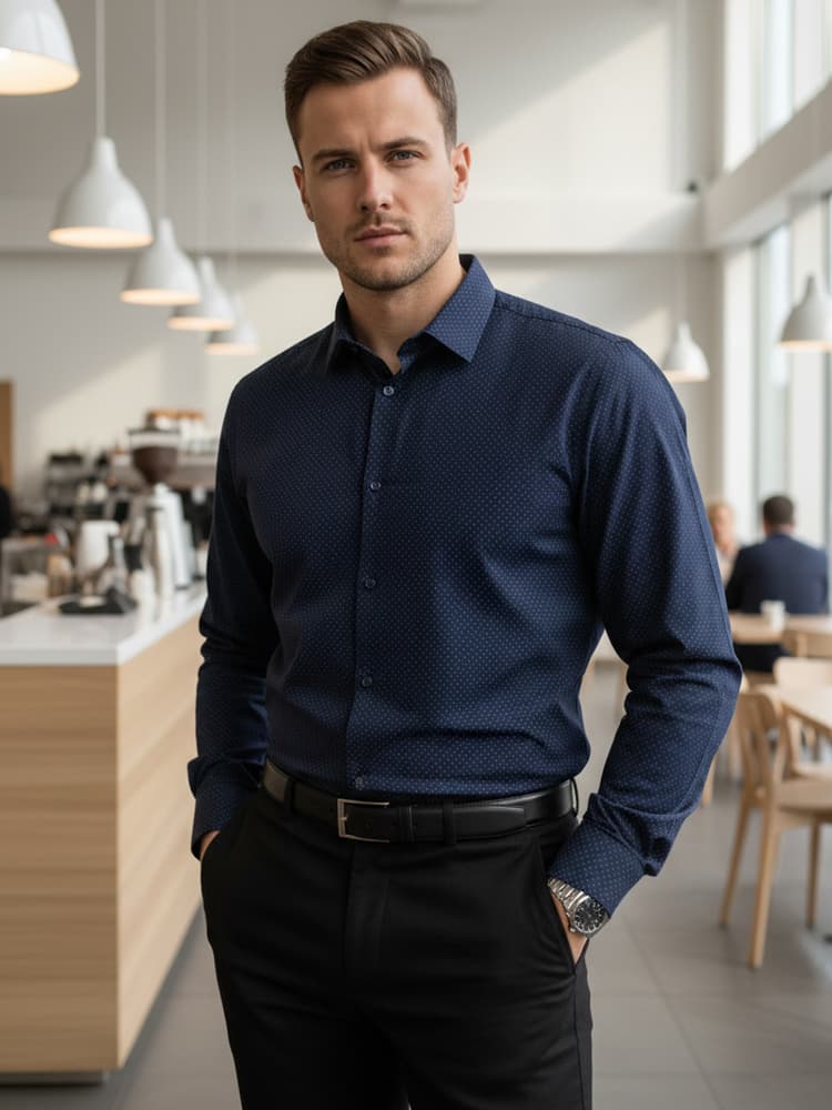 Pánska košeľa slim fit DX2688 – tmavomodrá košeľa s jemným geometrickým vzorom 1