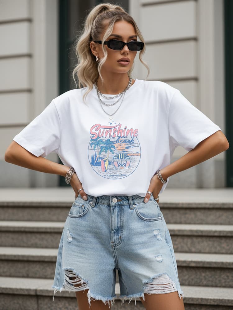 Dámske bavlnené oversize tričko s dovolenkovou potlačou biele – Dstreet NX9005RY 1