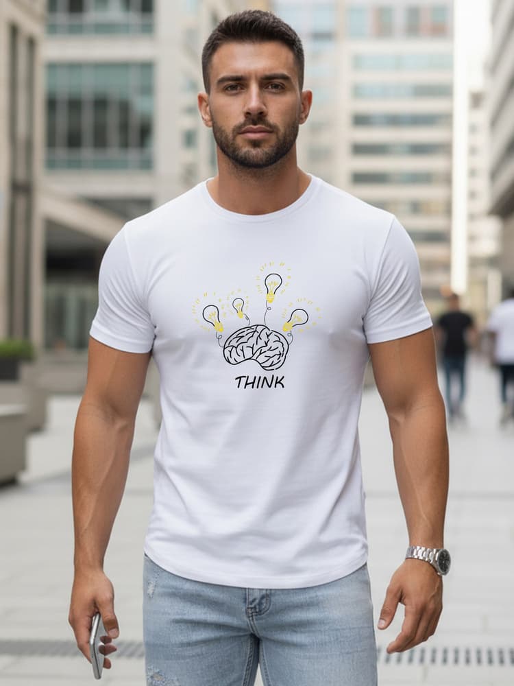 Pánske biele tričko THINK s kreatívnou potlačou NX0149R – Dstreet