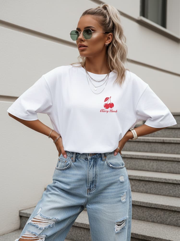 Dámske bavlnené oversize tričko Cherry Bomb biele – Dstreet NX9507RY 1