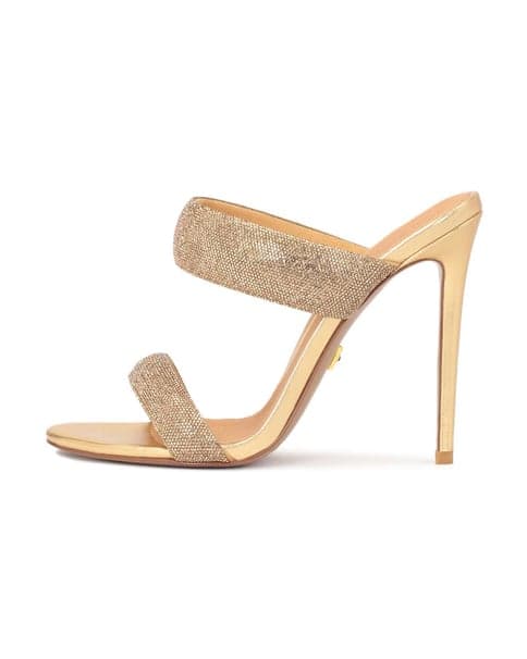 Heeled mules with soft glitter straps 1