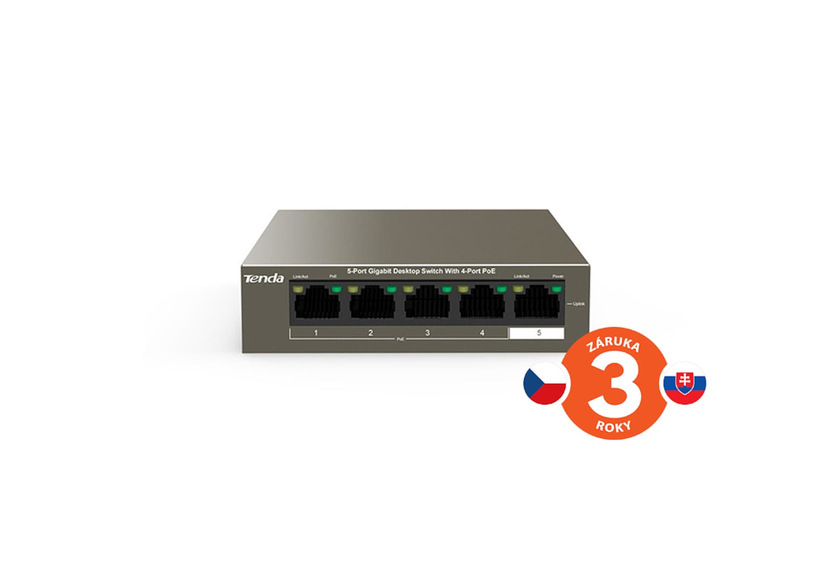 Tenda TEG1105P-4-63W 5xRJ45 Switch s 4xPoE 802.3af/at, 10/100/1000Mbps, celkem 63W,Kov 1