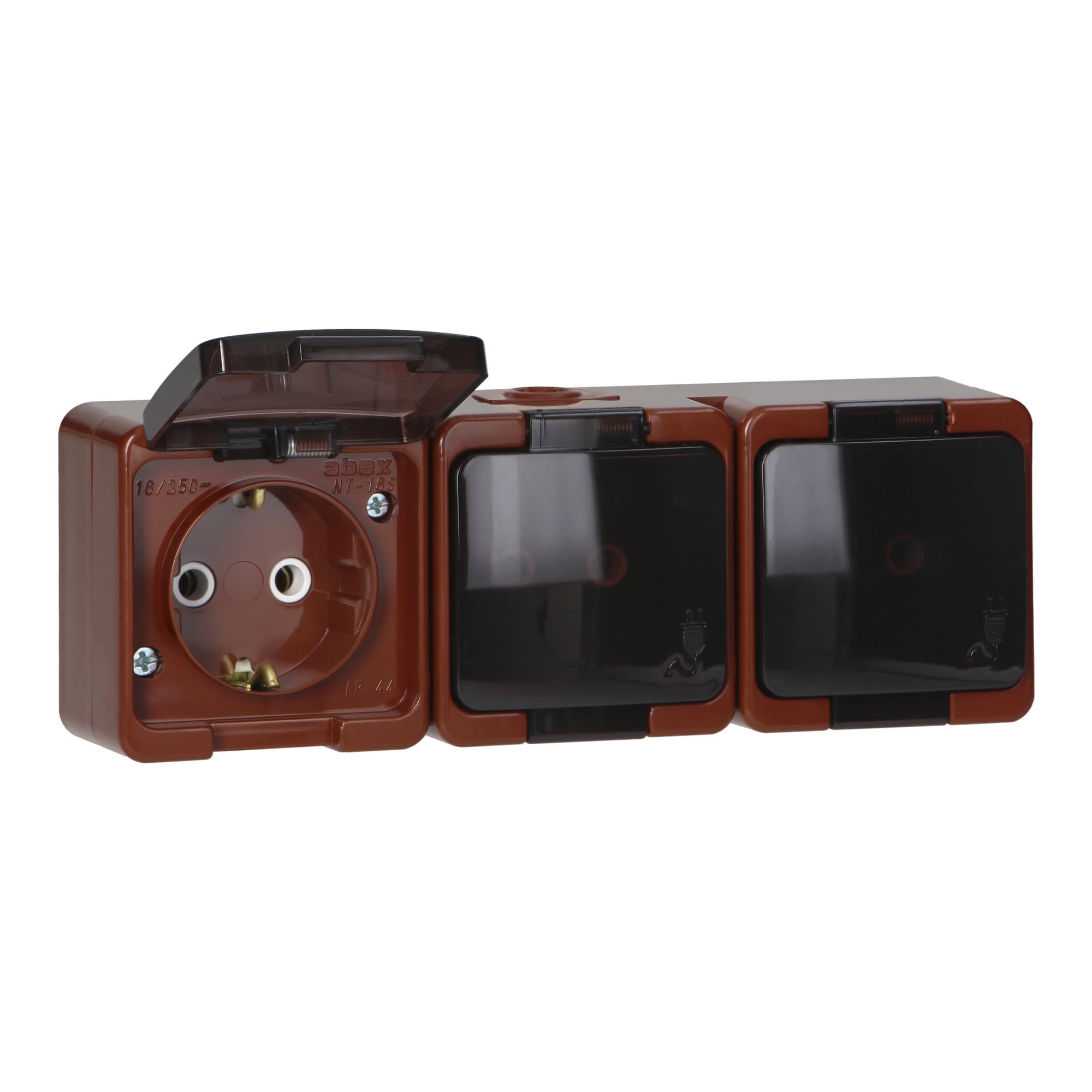 Surface-mounted triple socket 3x2P+E, Schuko, splash-proof with smoked cover 1