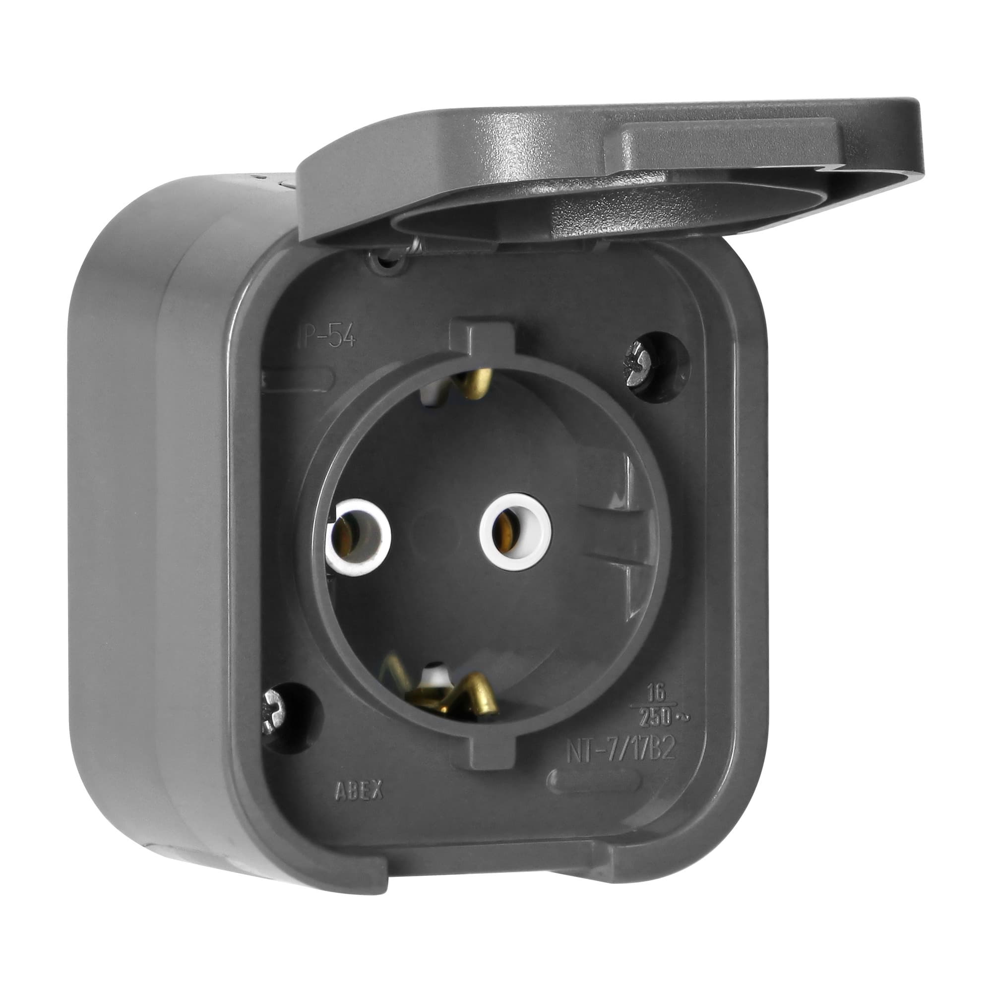 Surface-mounted single socket 2P+E, Schuko, splash-proof with cover B2, IP54, NT-17B2, gra 1