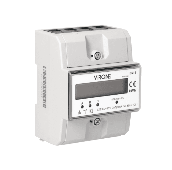 Trojfázový elektromer s LCD displejom EM-3, 3 tarify, 80A, 3680W, DIN, VIRONE 1