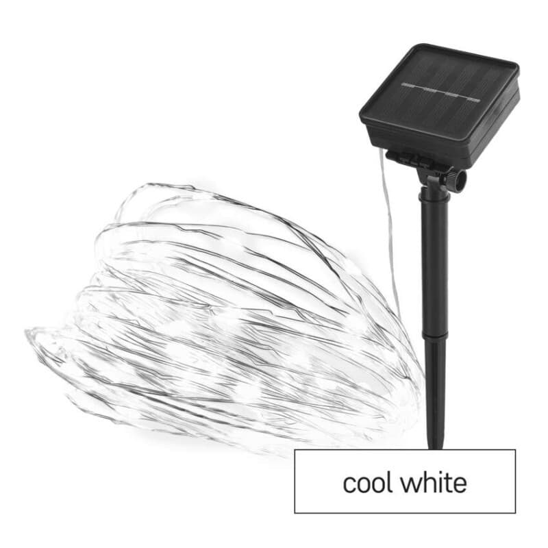 LED nano reťaz se solánym panelom, medená, 12 m, vonkajšia aj vnút, studená biela, časovač 1