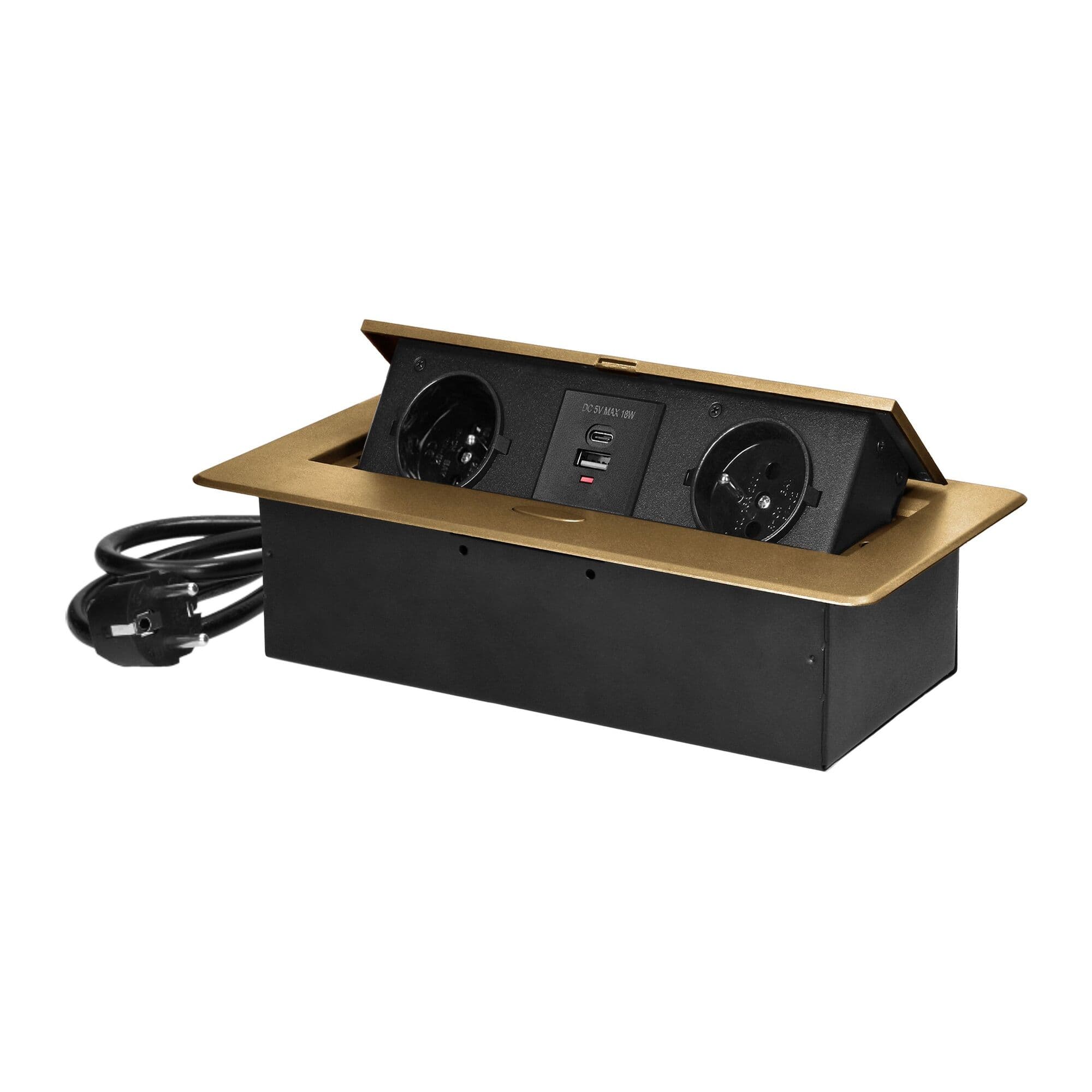 Zapustená nábytková zásuvka s fréz okrajom, 2x2P+E
, 2xUSB (typ A+C), 1,5m kábel, zlatá 1