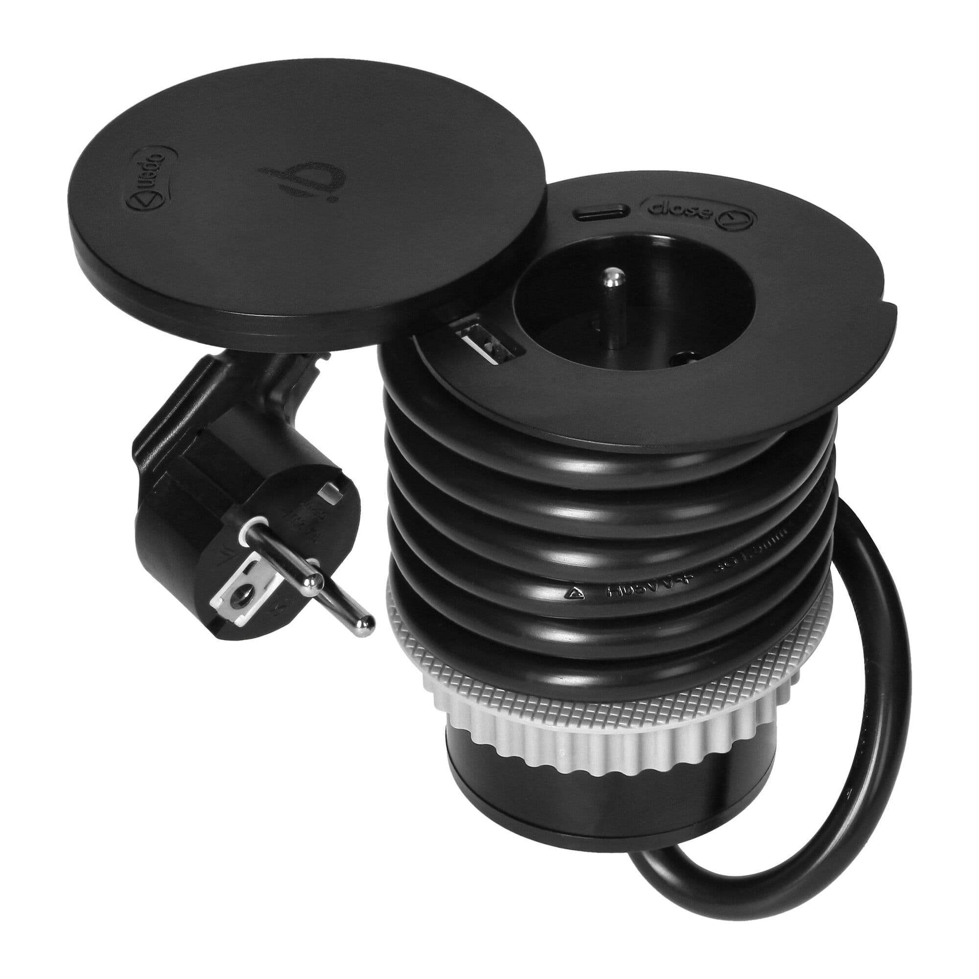 Nábytková zásuvka s otočným krytom, 1,5m, 1x2P+E, Qi 1.2.4 10W, 2xUSB (A, C ), čierna 1