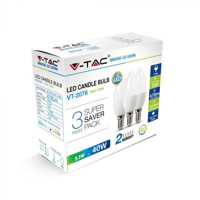 Žiarovka sviečková LED E14 4,5W, 4000K, 470lm, 3-balenie, VT-2076 (V-TAC) 1