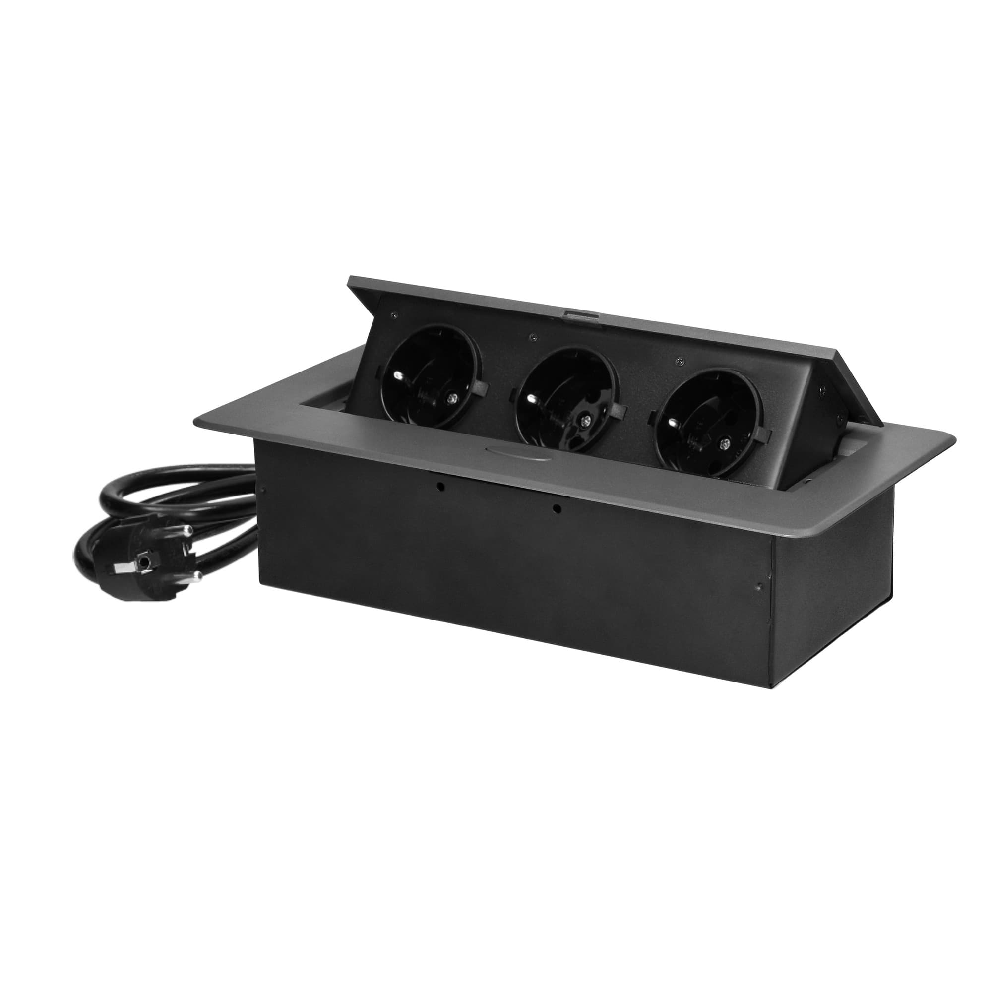 Recessed furniture socket with flat milled edge, 1.5m cable, 3x2P+E (Schuko), graphite 1