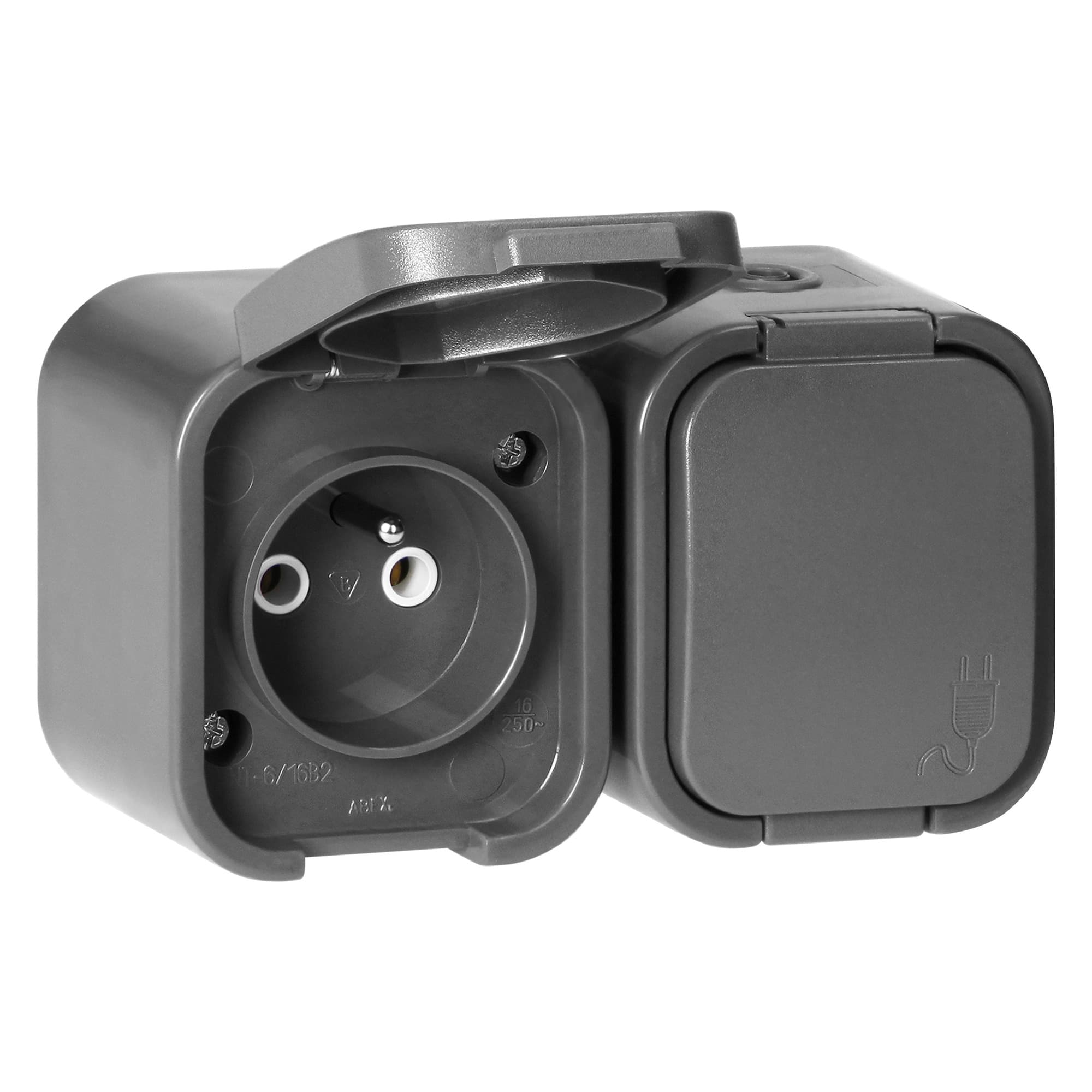 Surface-mounted double socket 2x2P+E, splash-proof with cover B2, IP54, NT-6B2, gray 1