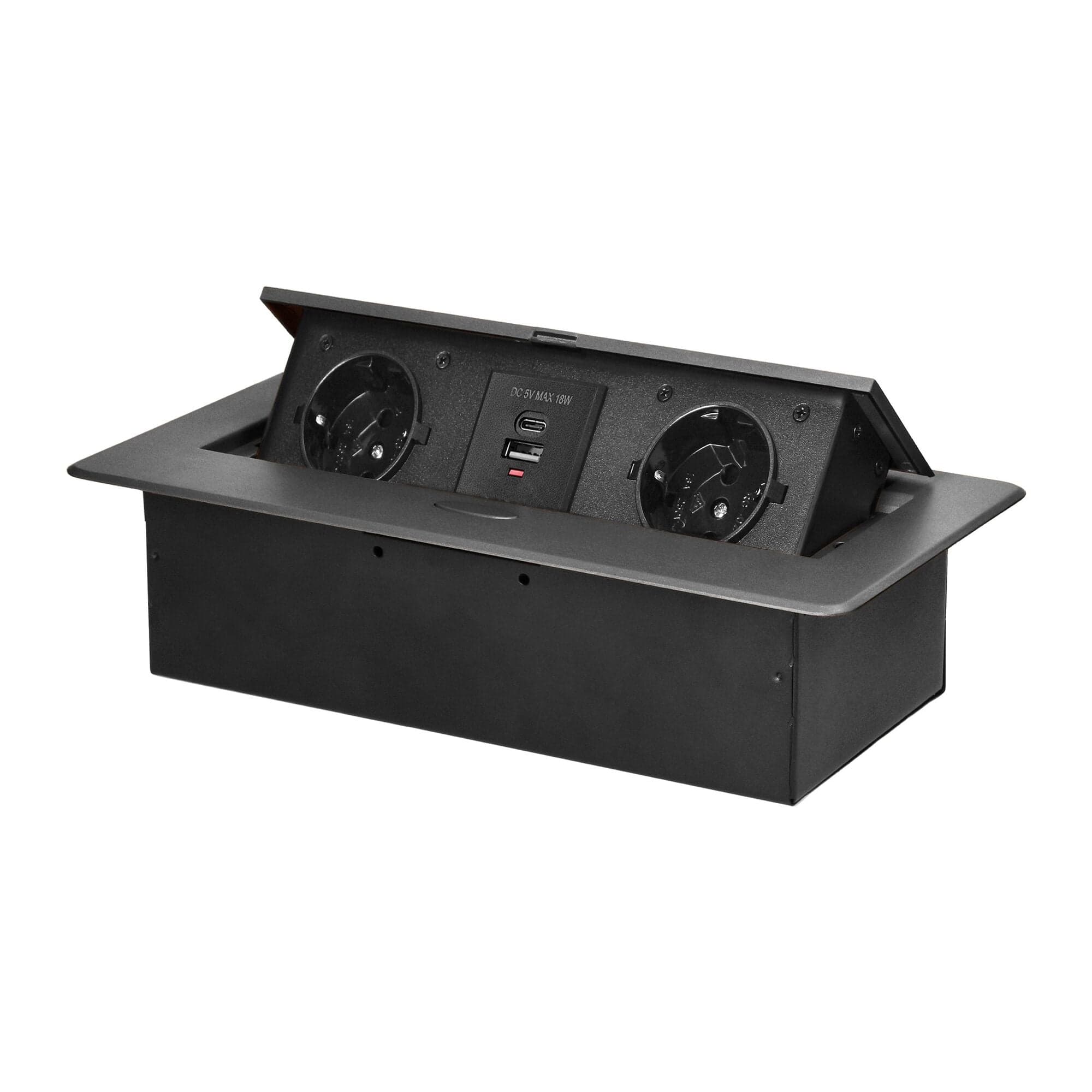 Zapustená nábytková zásuvka s fréz okrajom, 2x2P+E (Schuko),2xUSB (typ A,C; 3,6A), grafit 1