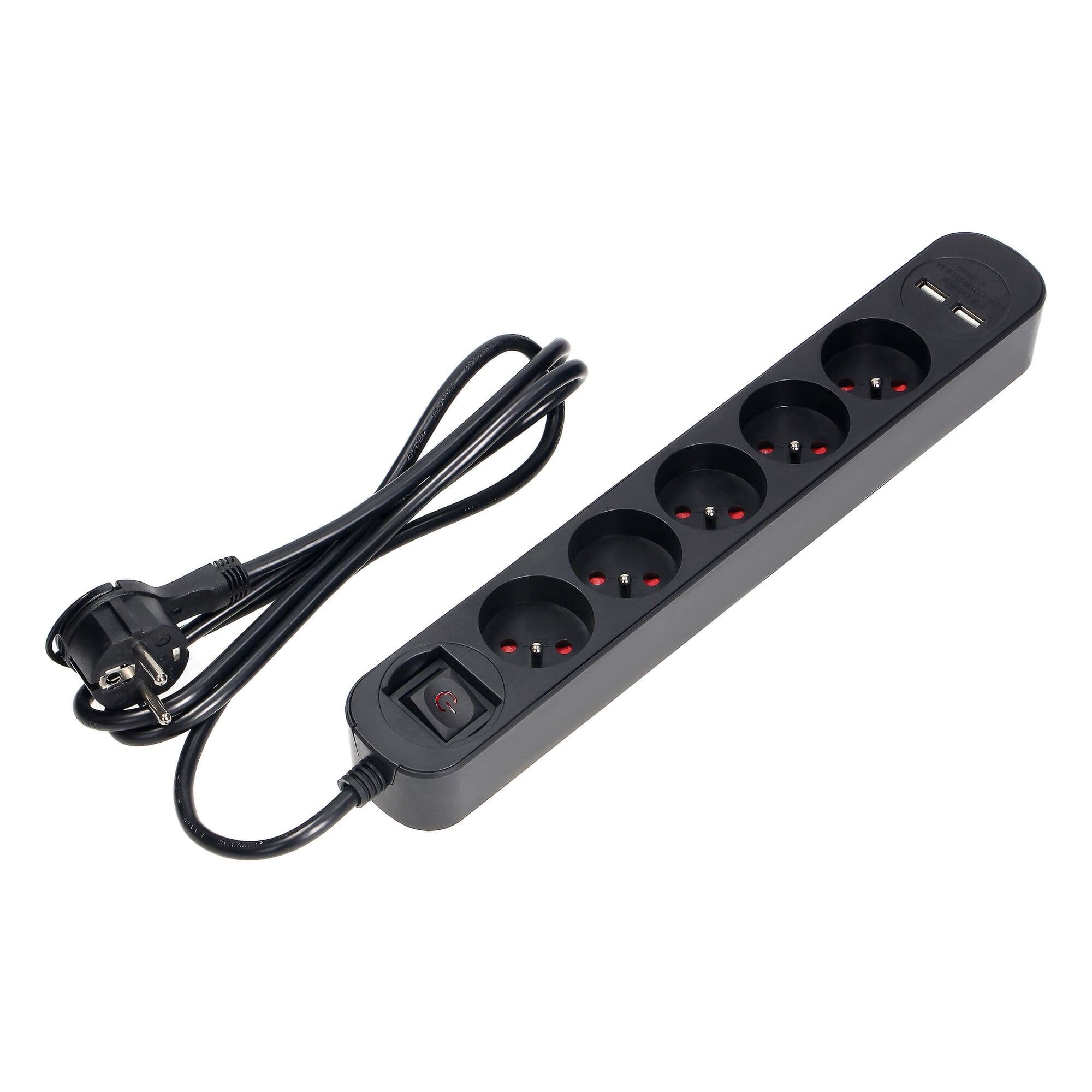 Predlžovací kábel s prepäťovou ochranou, vypínač, 5 zásuviek 2P+E, 1,5m kábel, 2xUSB, čier 1