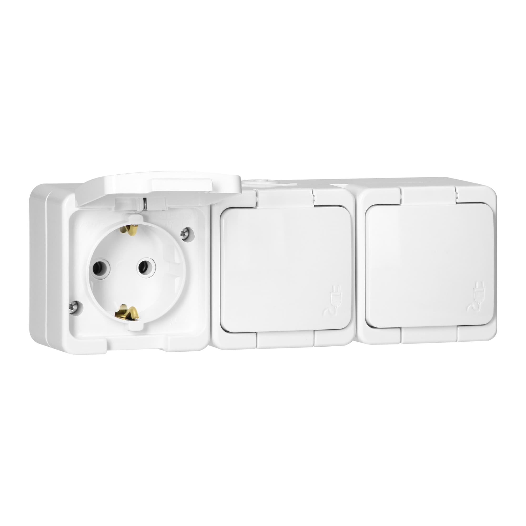 Surface-mounted triple socket 3x2P+E, Schuko, splash-proof with cover, IP44, SMART, white 1