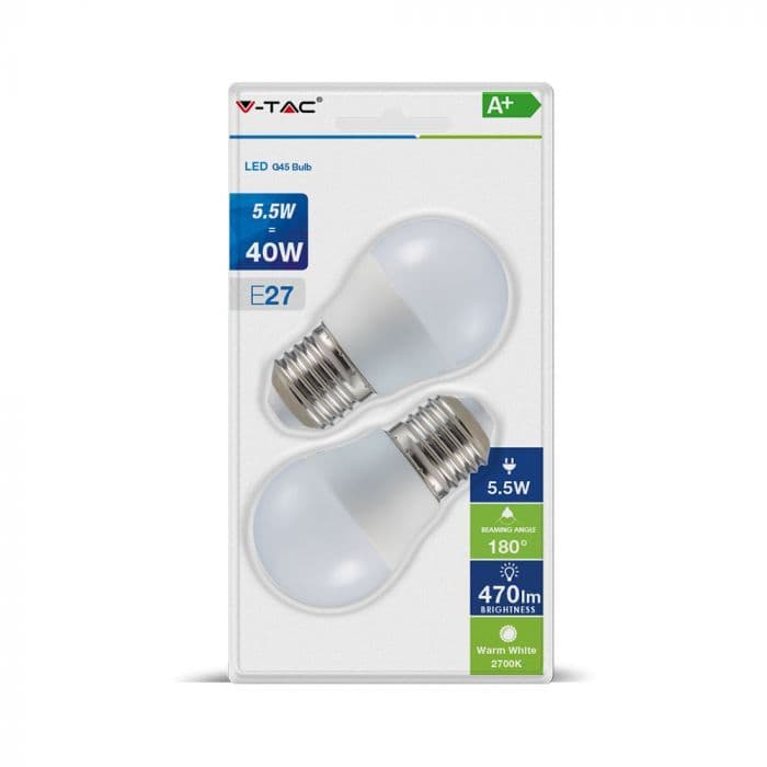 Žiarovka LED E27 5,5W, 4000K, 470lm, 2-balenie, G45 VT-2166 (V-TAC) 1