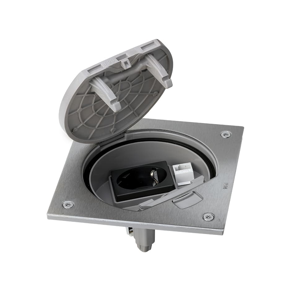 Vklad podlahovej krabice, KSE IP66, IK07, so zásuvkou Schuko s modulom RJ45 kat. 5e, nerez 1