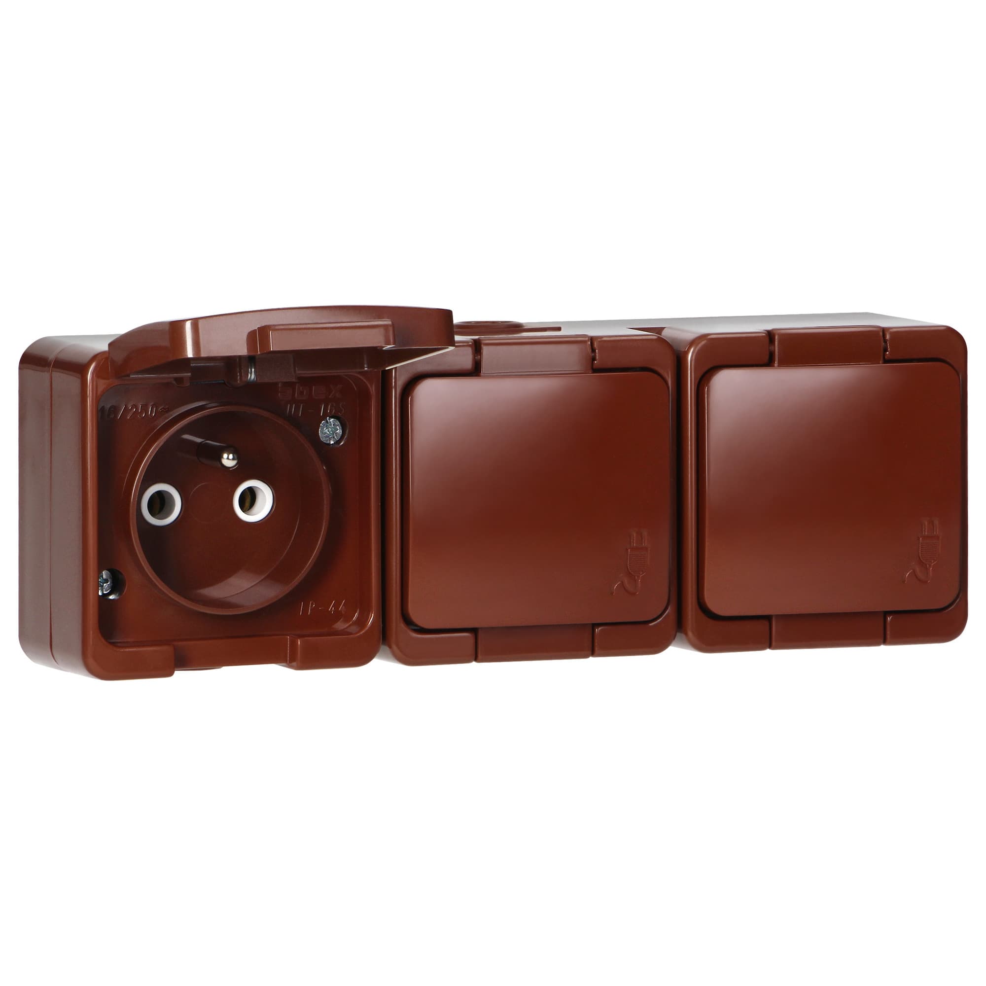Surface-mounted triple socket 3x2P+E, splash-proof with cover, IP44, SMART, brown 1