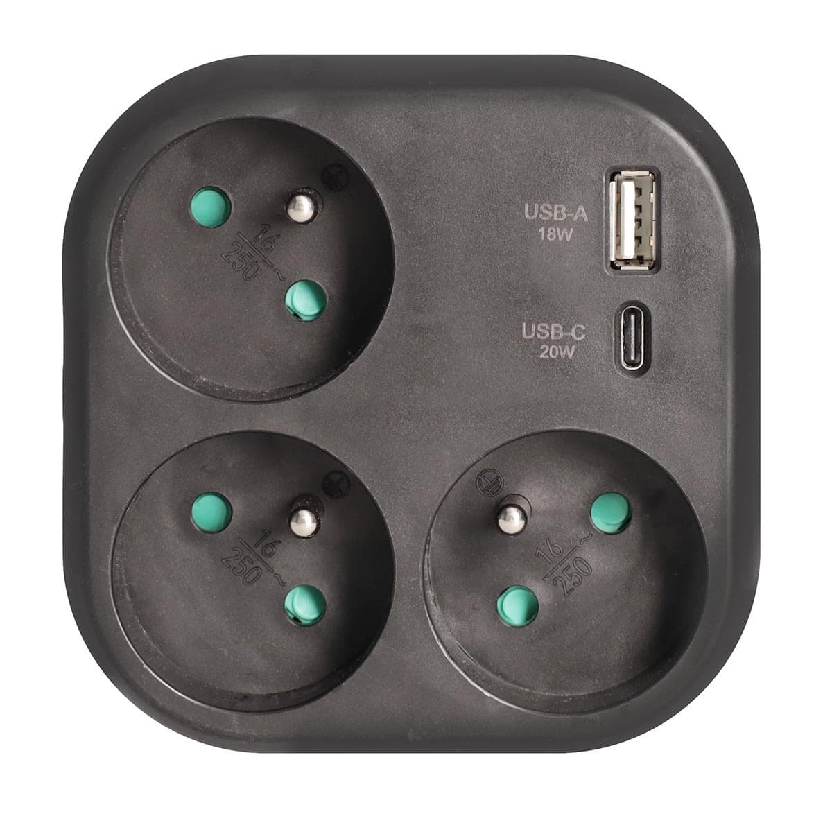 Solight rozbočovač 3x 16A, USB A+C rychlonabíjačka 20W PD, čierny (Solight) 1