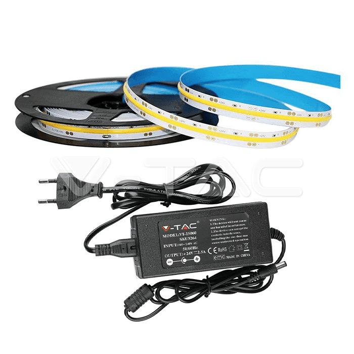 Sada LED pásika so zdrojom 24V 12W, 6500K, 1000lm COB 420LED/m (V-TAC) 1