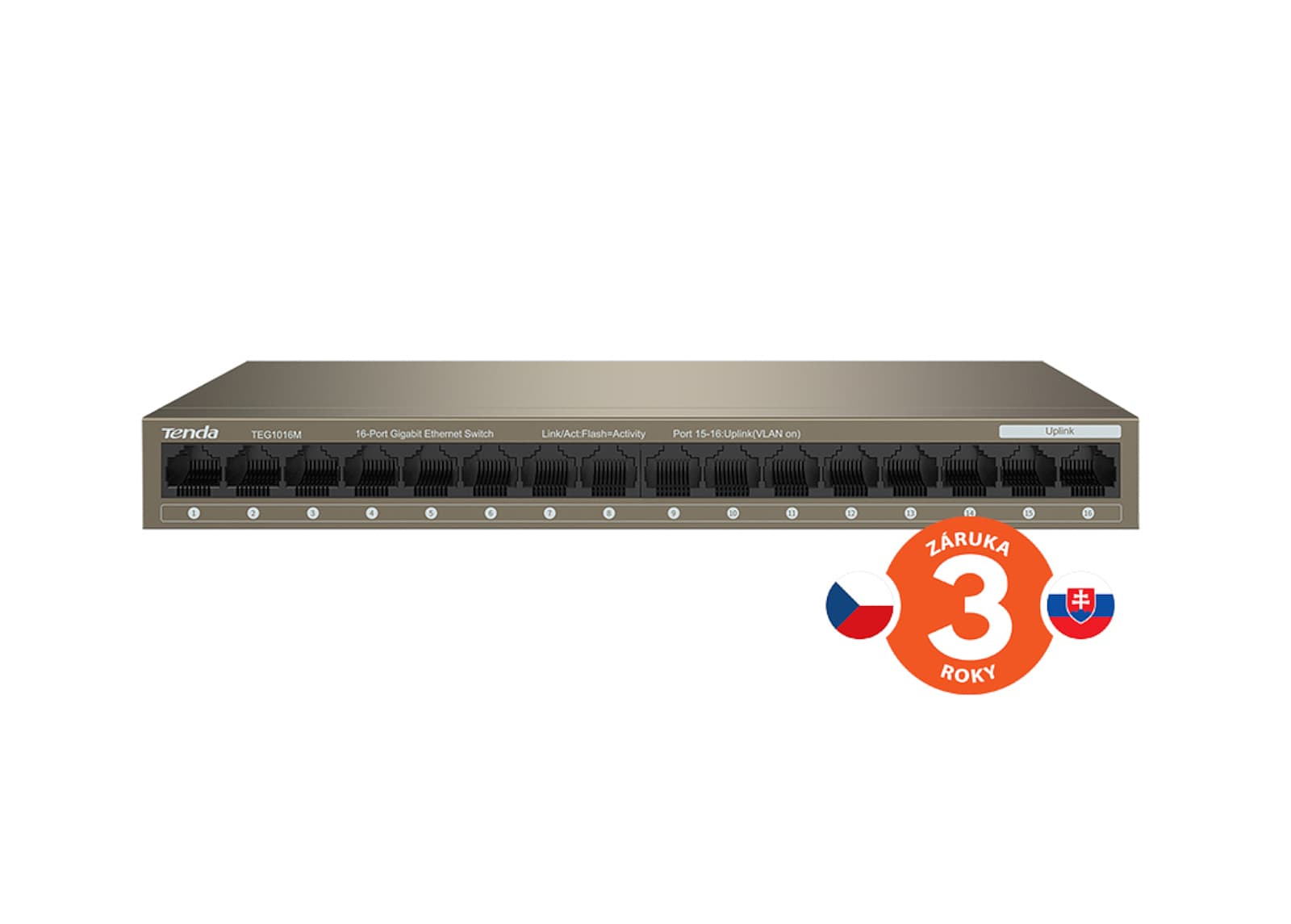 Tenda TEG1016M - 16x Gigabit Ethernet Switch, 16x 10/100/1000 Mb/s, VLAN, 6kV, Kov 1